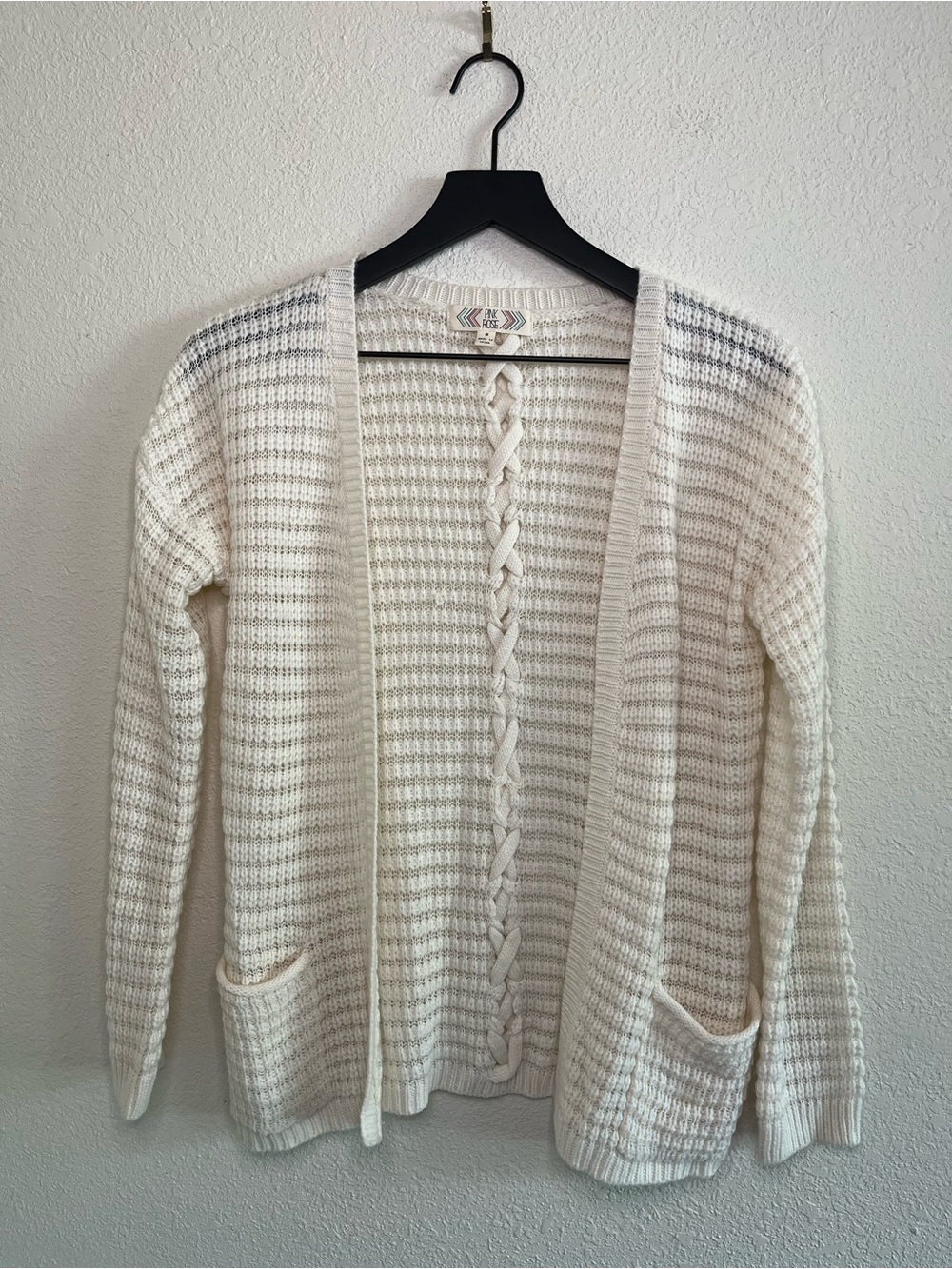 Pink Rose Grandmacore Cream Open-Front Waffle Cardigan with Braided Detail